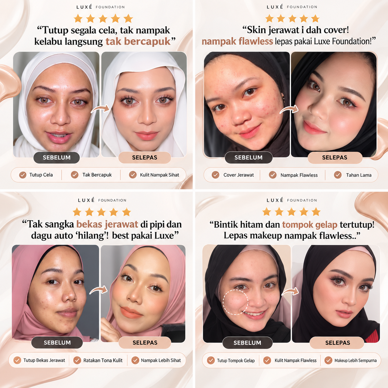 Testimoni sebelum selepas Luxe Perfect Cover Foundation