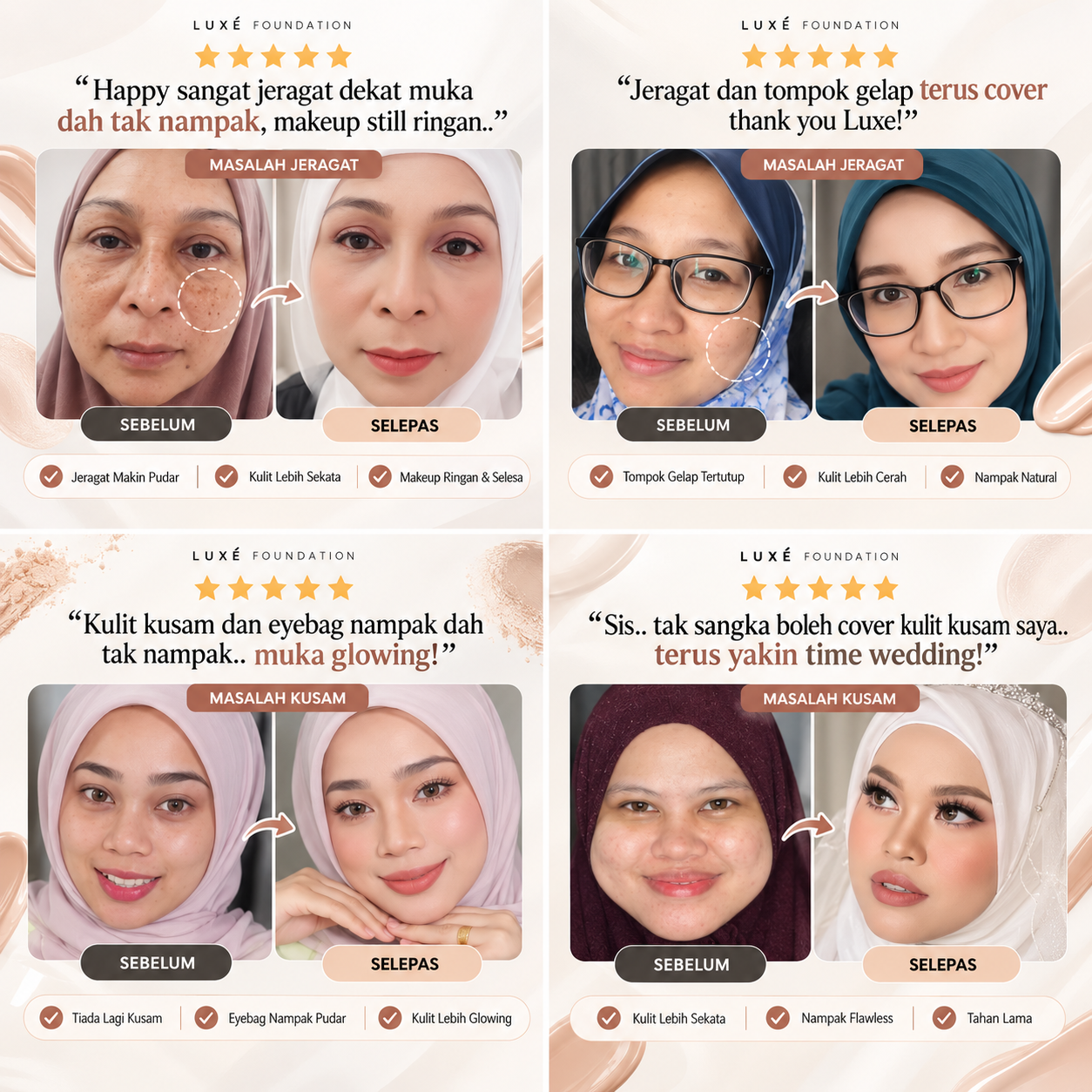 Testimoni sebelum selepas Luxe Perfect Cover Foundation