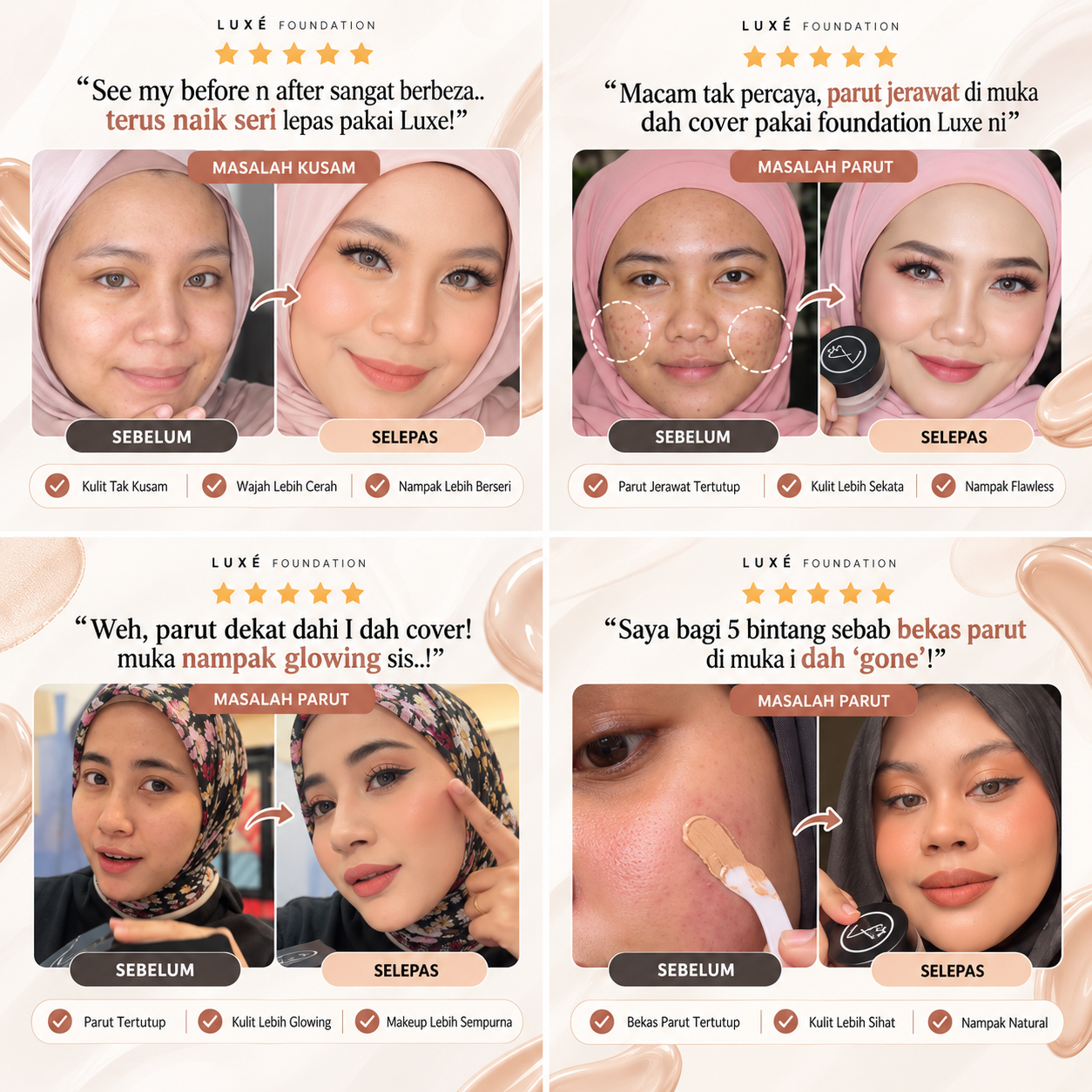 Testimoni sebelum selepas Luxe Perfect Cover Foundation